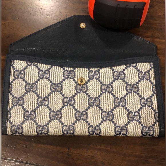 GUCCI GG Monogram Navy Blue Leather Coated Canvas Long Bifold Wallet Vintage - Picture 5 of 17